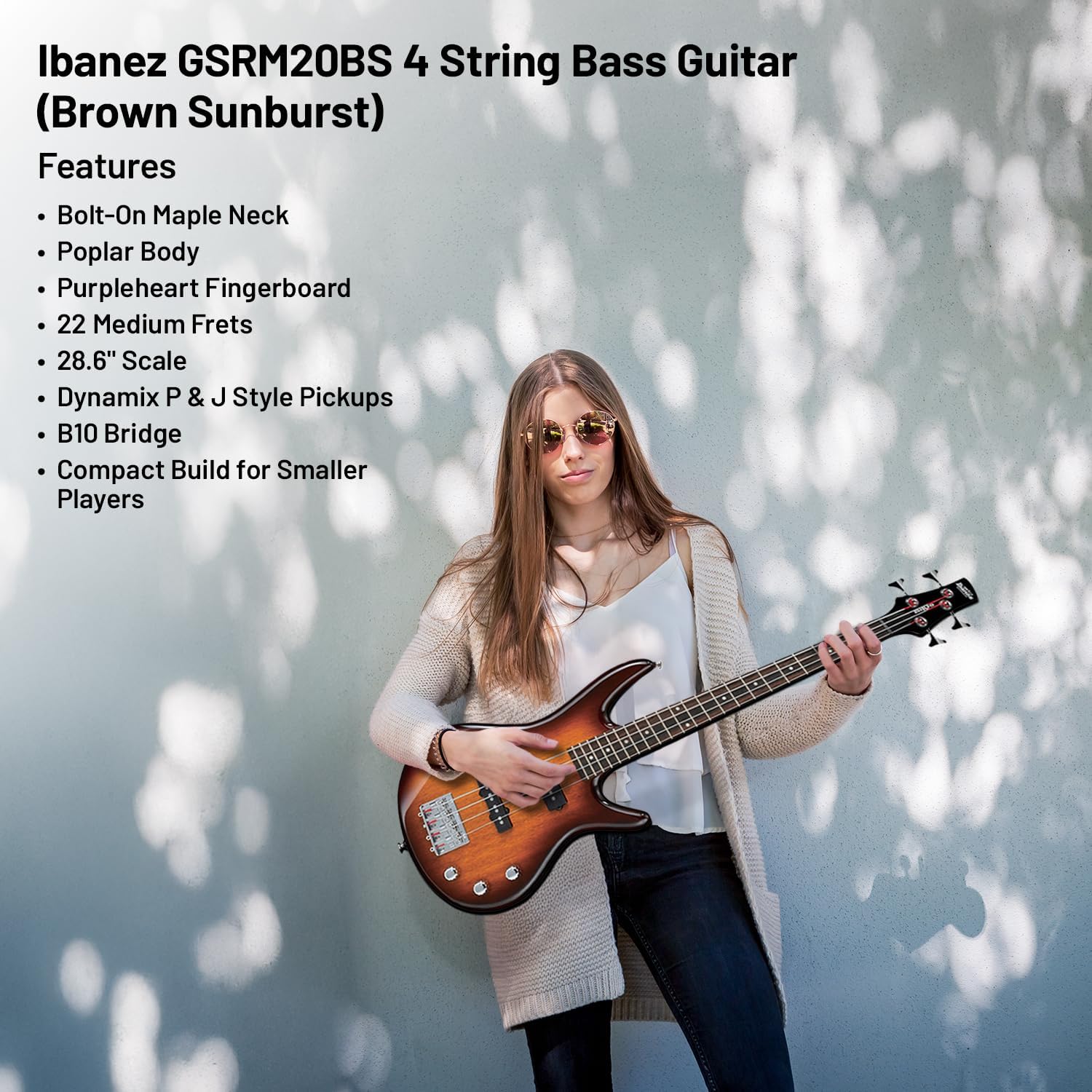 Ibanez GSRM20 4-String Bass Guitar (Brown Sunburst) - Right Handed Poplar Body Bass with GSF50 Powerpad Strap, 15 Pack Guitar Picks with Storage Box & Microfiber Cleaning Cloth (Bundle Set)