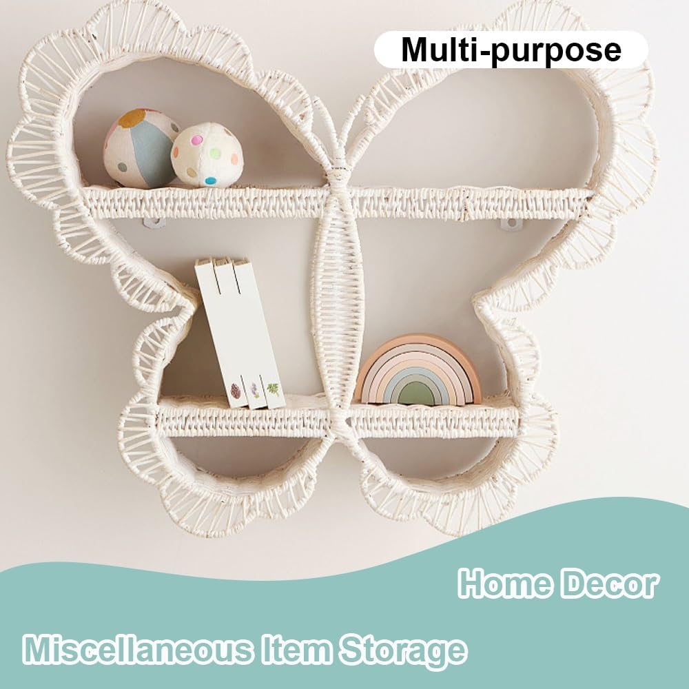 Natural Rattan Floating Shelves, Papillon Shape Book Shelf, Wicker Floating Shelves for Wall, Multi-Purpose Shelves for Living Room, Bedroom, Study(Natural)