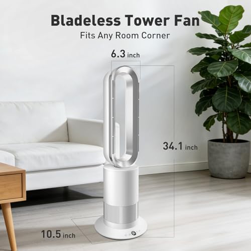 TP09Plus Bladeless Tower Fan, 2-in-1 Space Heater & Cooling Fan with Remote & Touch Control, 10 Cooling + 3 Heating Modes, Ultra-Quiet DC Motor for Bedroom & Home Office