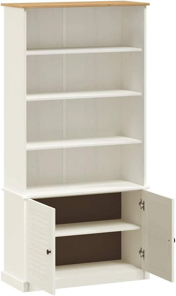 Rustic 6-Tier White Bookcase 33.5 x 13.8 x 66.9 in Solid Pine Wood Shelf Unit with Louvered Doors for Living Room Bedroom Office Storage