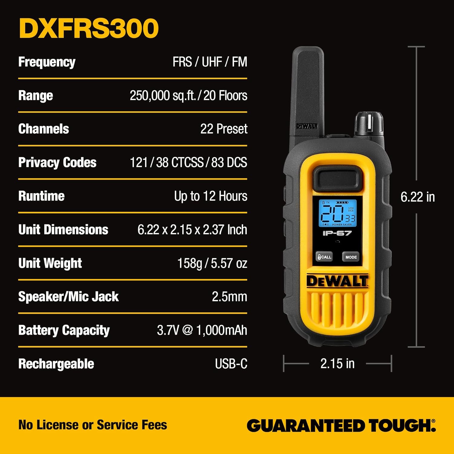 DEWALT FRS Walkie Talkies Long Range 2 Way Radio, 1 Watt, Waterproof & Rechargeable, 6 Pack with Gang Charger, DXFRS300-BCH6