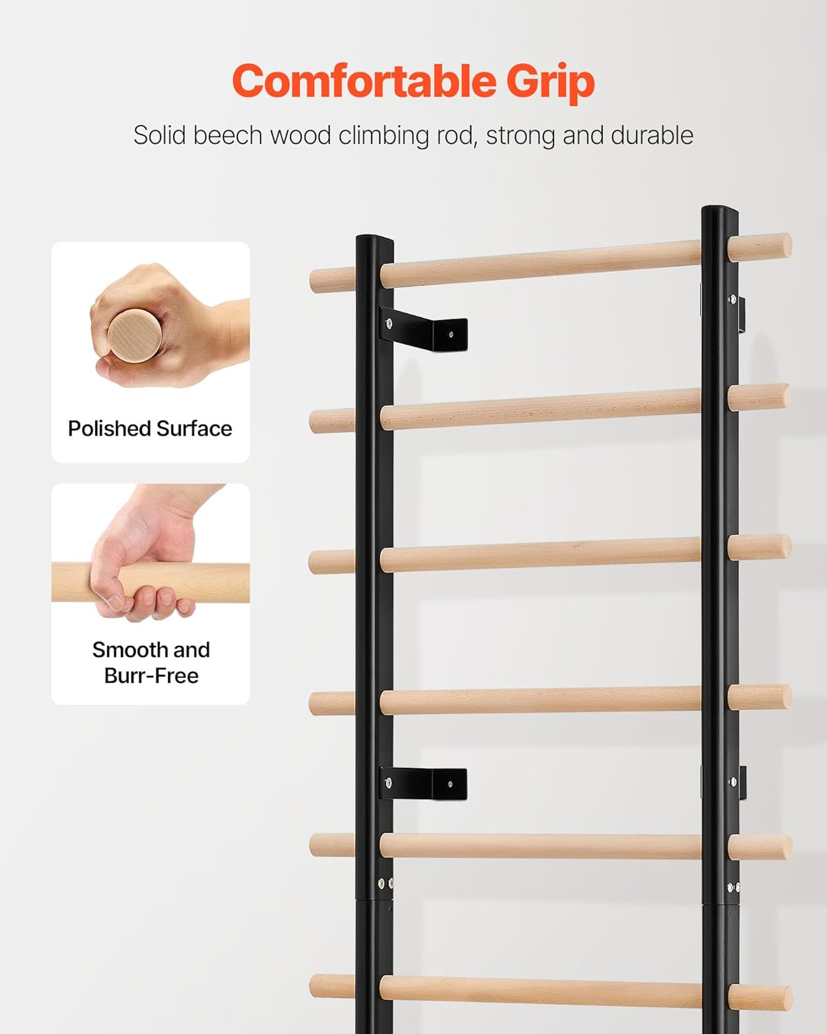 VEVOR Swedish Ladder Wall Gym, 9-Level Swedish Ladder Suspension Trainer, 330LBS Loading Solid Wood + Carbon Steel Gymnastics Stall Bars for Adult, Compatible with 3.15