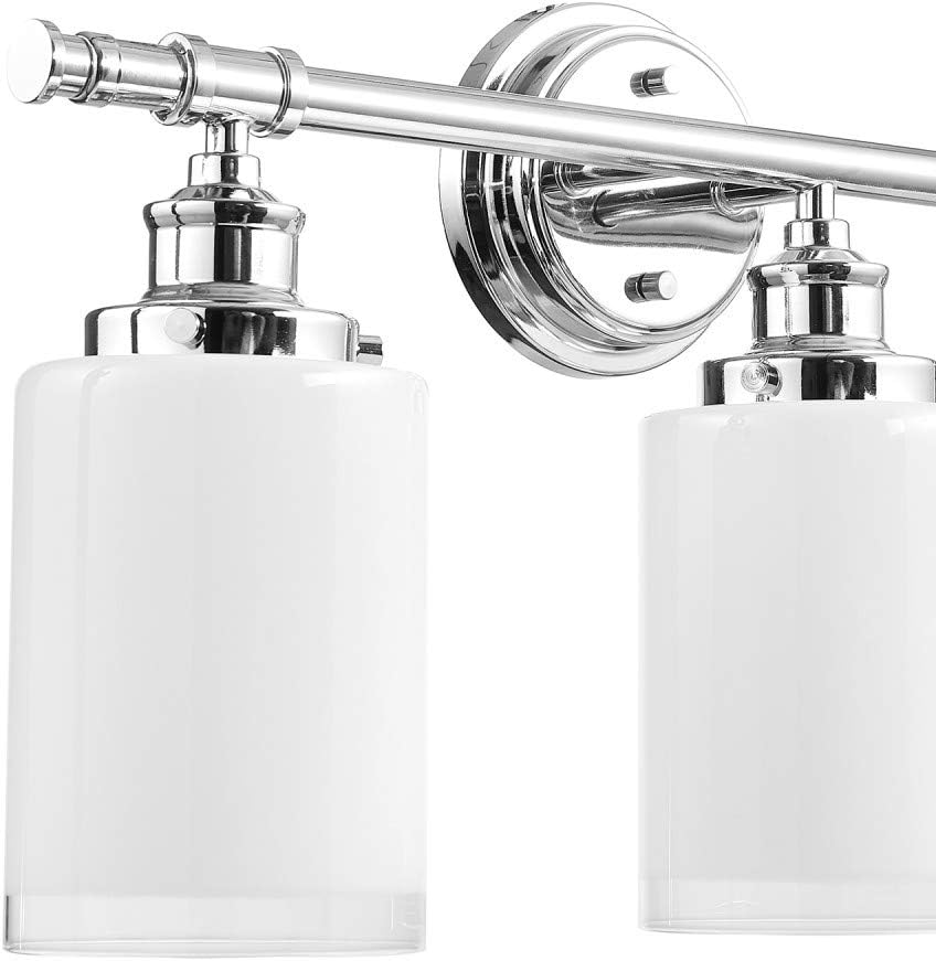 Globe Electric 51414 Freya 5-Piece All-in-One Bathroom Set, 3 Vanity Light with White Shades, Bar, Towel Ring, Robe Hook, Toilet Paper Holder, Chrome with Frosted Glass