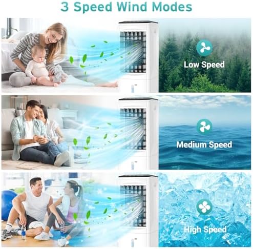 Portable Air Conditioners, 2025 Upgraded 3-in-1 Portable AC with Remote Control, Fast Cooling Evaporative Air Cooler, 3 Speeds, 7H Timer, Air Conditioner for Bedroom, Office, Kitchen (Black)