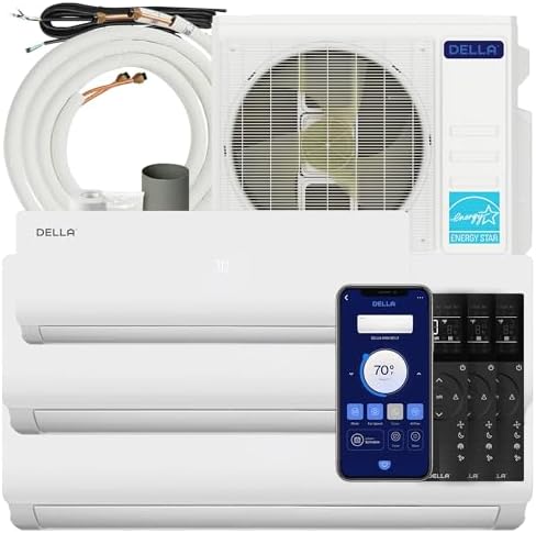 DELLA 28K BTU ODU Tri 3 Zone (9K 12K 12K BTU) Air Conditioner, Works with Alexa and Wifi, 20 SEER2 208-230V Cools Up to 1500 Sq.Ft Energy Efficient, Multi Zone Pre-Charged Heat Pump, 16ft Kits