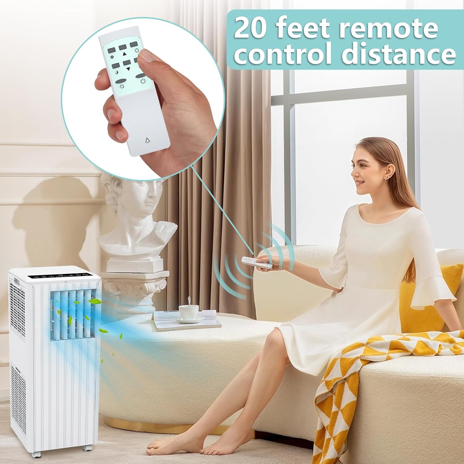 8000 BTU Portable Air Conditioner, 350 Sq.Ft Coverage, 3-In-1 Cooling, Fan, Dehumidifier, with Remote Control, 24H Timer, with Remote Control, Sleep Modes, for Bedroom, Office