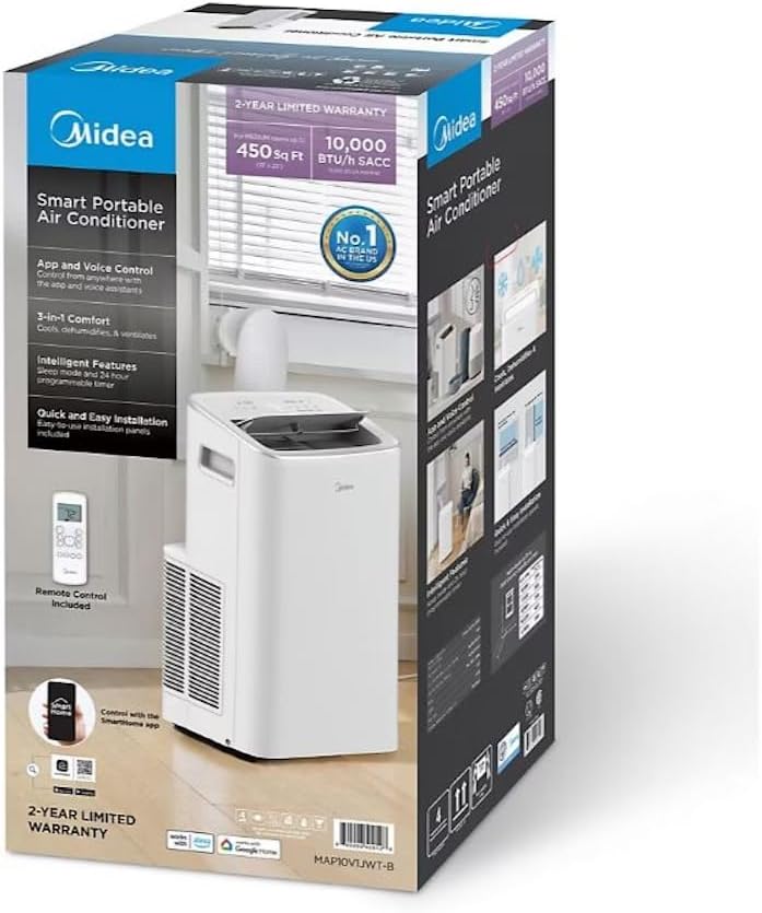 Midea Smart Inverter 10,000 BTU DOE Portable Air Conditioner, up to 450 sq ft. - 3-in-1 comfort- get cooling, dehumidification, and fan modes - White MAP10V1JWT-B