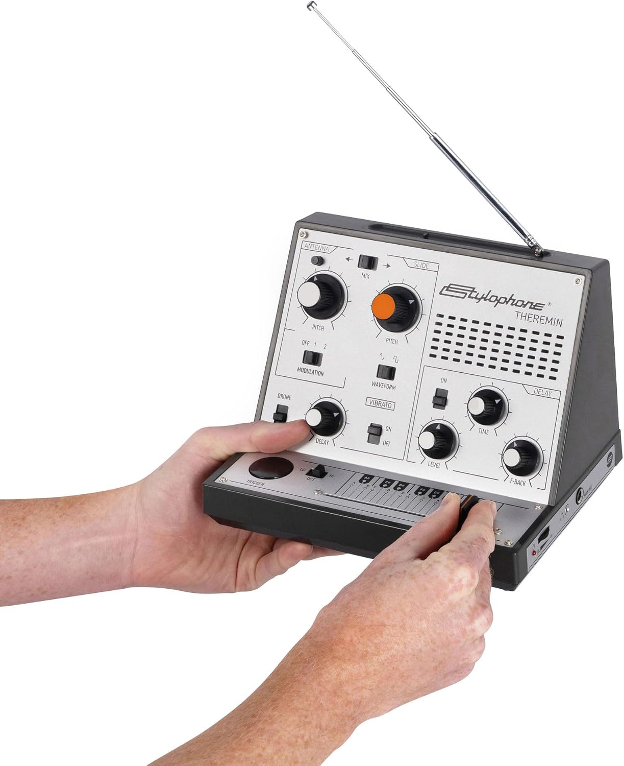 Stylophone Theremin – Award-Winning Portable Touch-Sensitive Synthesizer with Retro Analog Sound, Built-In Speaker, Delay & Vibrato Effects, Slider Control, Compact Battery-Powered Design