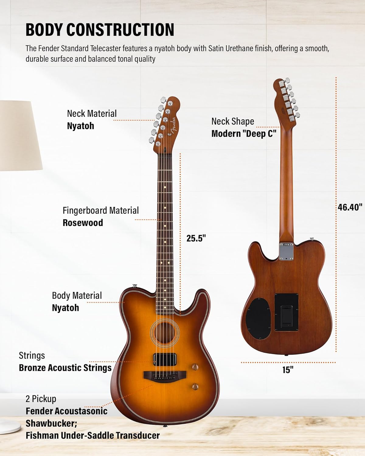 Fender Acoustasonic Standard Telecaster - Honey Burst Bundle with Strap, Guitar Cleaning Kit and Austin Bazaar Instructional Video