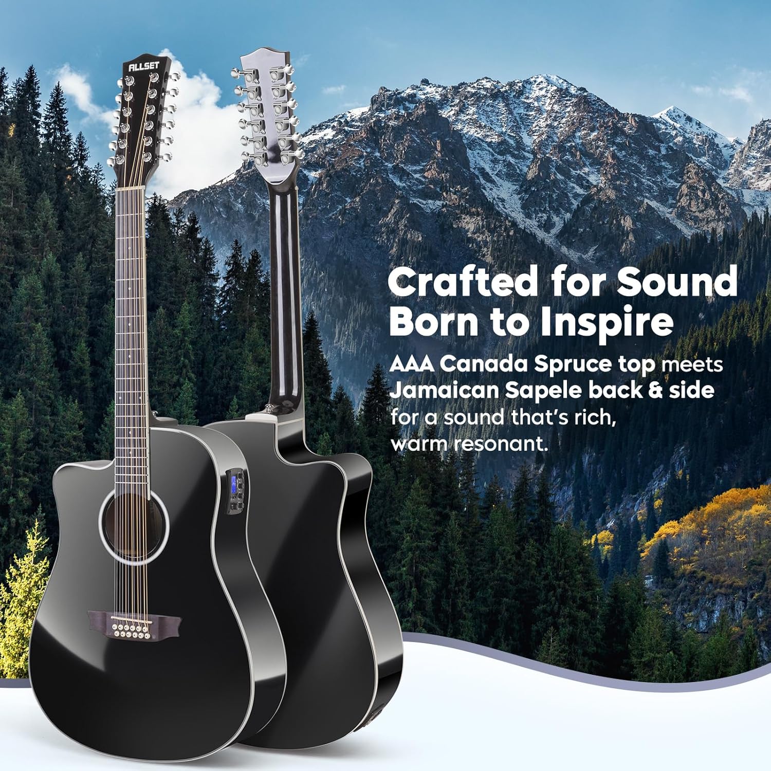 ALLSET Left Hand 12 String Guitar Acoustic Electric | Full Size Guitar with Cutaway, Spruce Top Guitarra Acustica, AUX Strap, Strings, Pick | Fingerstyle Kit for Live Performance | (Black)