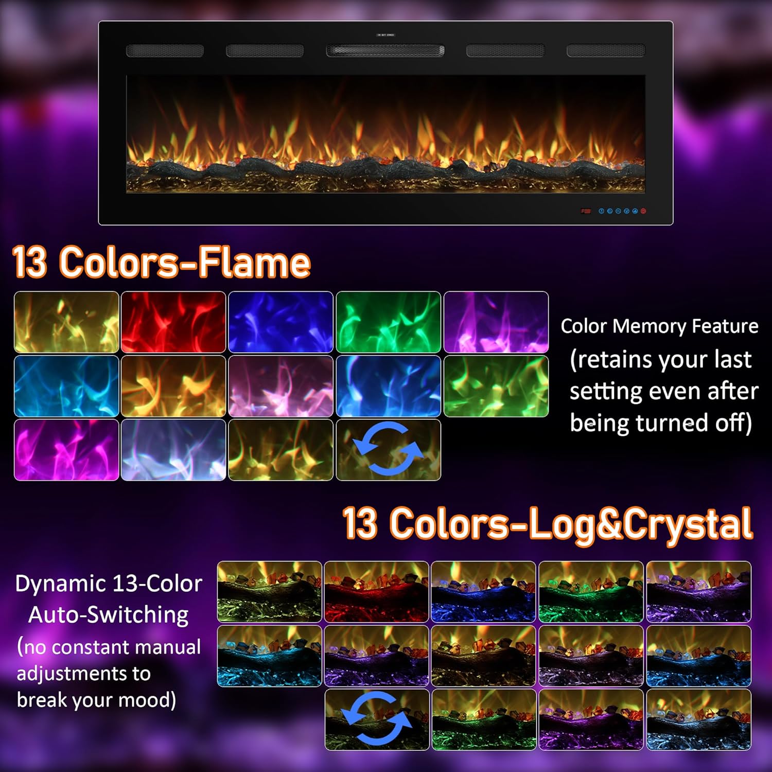 95 Inch WiFi-Enabled Recessed Electric Fireplace Inserts with Log Speaker,Wall Mounted & Freestanding Fireplace Heater,13 Adjustable Colors,5 Brightness Levels,Timer,750/1500w, Log & Crystal