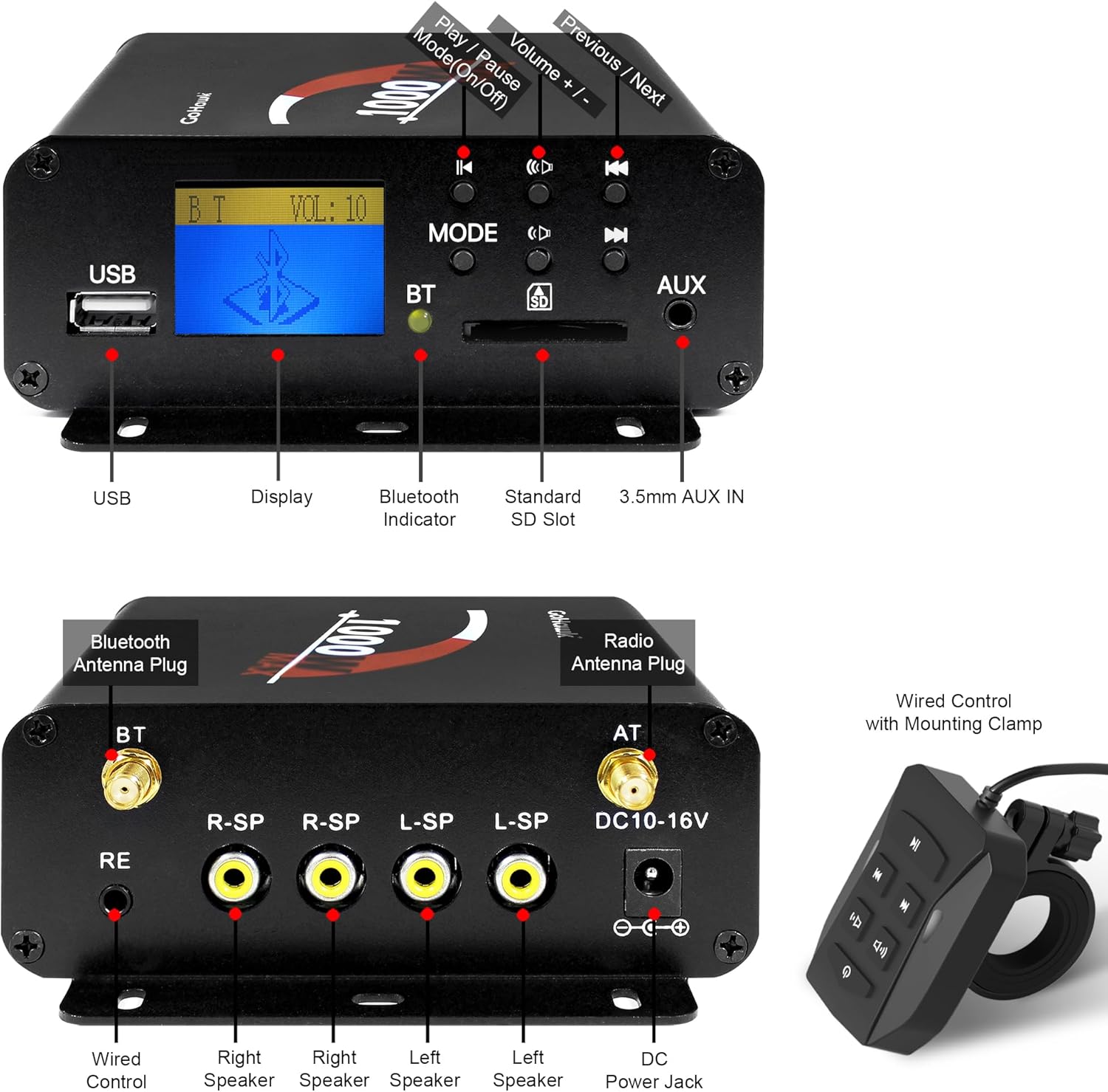 GoHawk Motorcycle Speakers and Amplifier Audio Sound System, 1000W Bluetooth Weatherproof 4 Inch Radio Audio System AUX USB SD FM Radio, Volume Control, ATV UTV Compatible