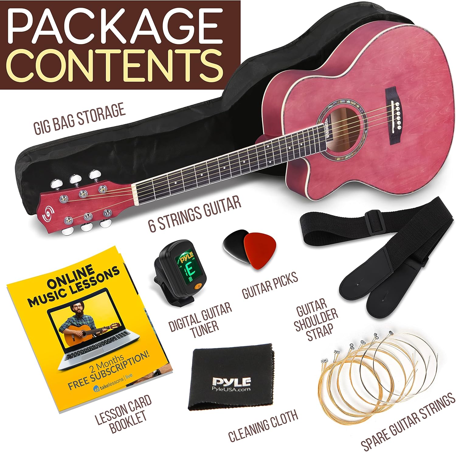 Pyle Acoustic Guitar Kit, 3/4 Junior Size All Wood Steel String Instrument for Beginner Kids, Adults, 36” Mauve