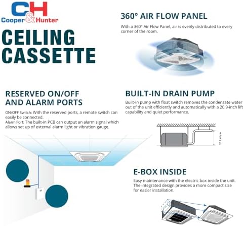 Cooper & Hunter 12,000 BTU Ceiling Cassette Ductless Mini Split Air Conditioner & Heat Pump – 21.1 SEER2 – Includes 25FT Installation Kit & Wall Thermostat – Cooling & Heating Inverter System