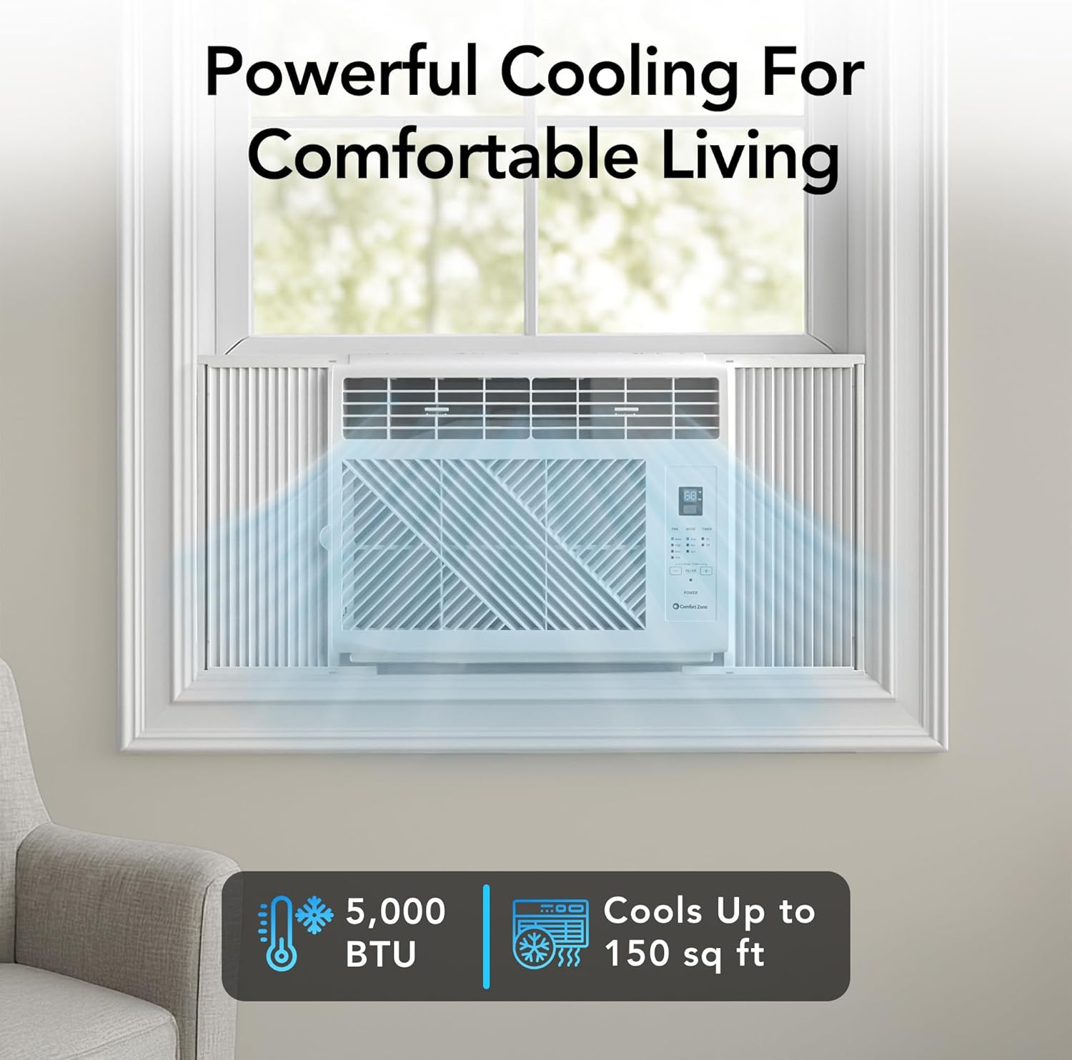 Comfort Zone Window Mounted Room Air Conditioner with Remote Control, 5,000 BTU, Digital Display, 4 Speed Settings, 4 Mode Settings, 24-Hour Timer, Sleep Setting, and Eco Mode