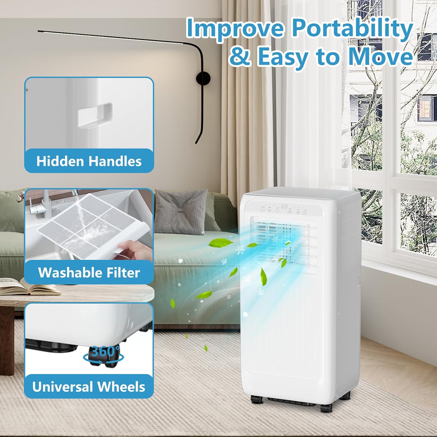 Portable Air Conditioners for Rooms Up to 350 Sq Ft, Cool,Dehumidifier & Fan 3 Modes Air Conditioner, 8000 Btu Portable Ac Units with Remote Control, Wheels, LED for Rooms/Office, White