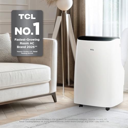 TCL H7P38W 7,000 SACC BTU Smart Portable Air Conditioner, Fan & Dehumidifier, 300 Sq. Ft, Ultra-Compact Design, Remote Control, Compatible with Alexa/Google Assistant, Install Kit Included, White