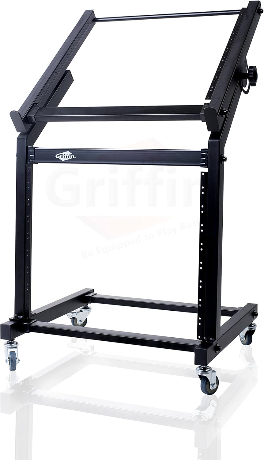 GRIFFIN 19U Rack Mount Rolling Stand (StudioZ PROSteel Series) & Adjustable Mixer Platform Rails – Cart Holder for Audio Music Recording Cabinet – Stage Equipment DJ Gear Storage Case for Amplifier