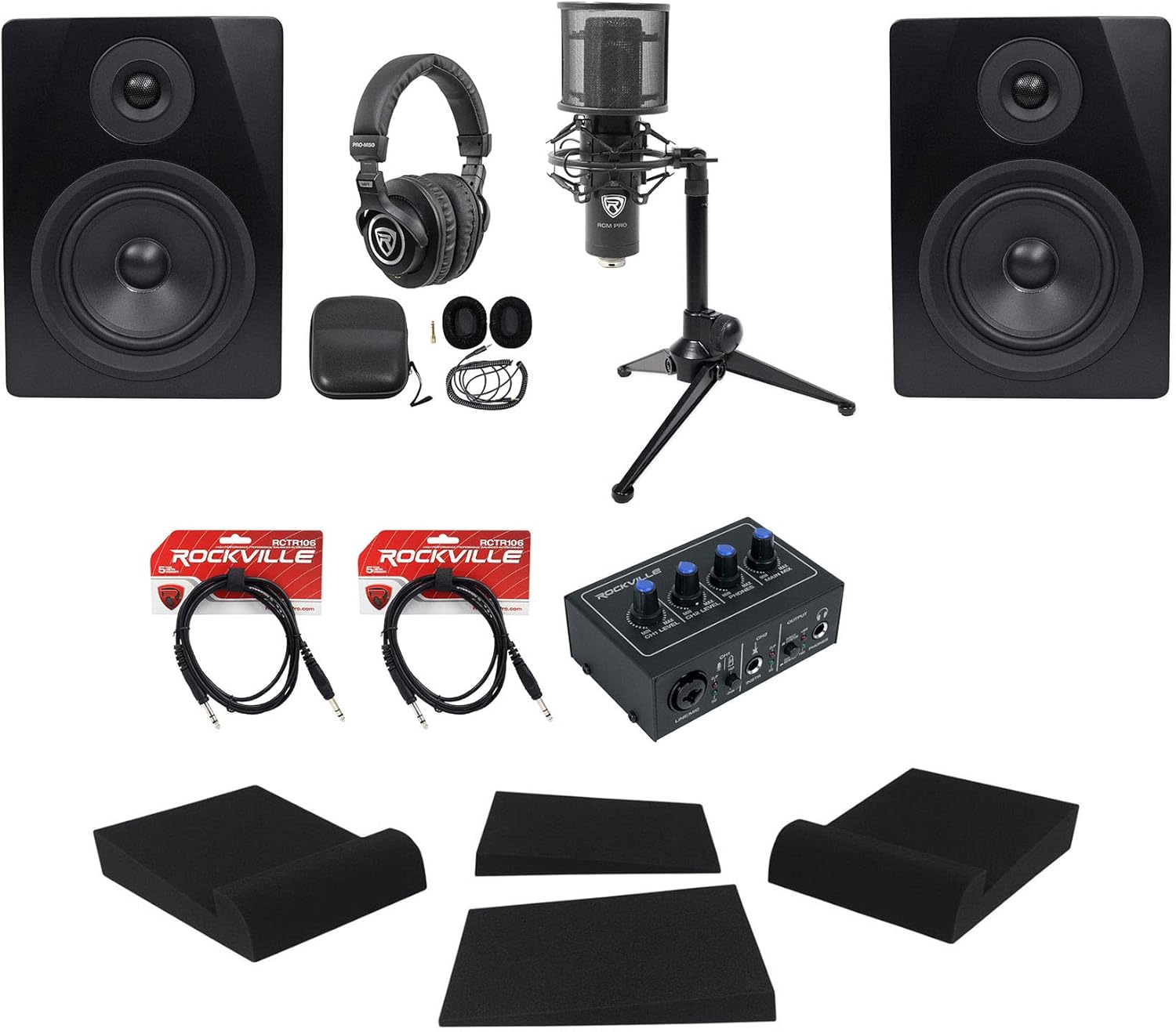 Rockville ROCK-U MINI Computer Recording Interface bundle with RCM PRO Mic, PRO-M50 Headphones, (2) APM5B Speakers, RDTS Desktop Tripod, (2) RRS190S Isolation Pads & (2) RCTR106B Cable (7 items)