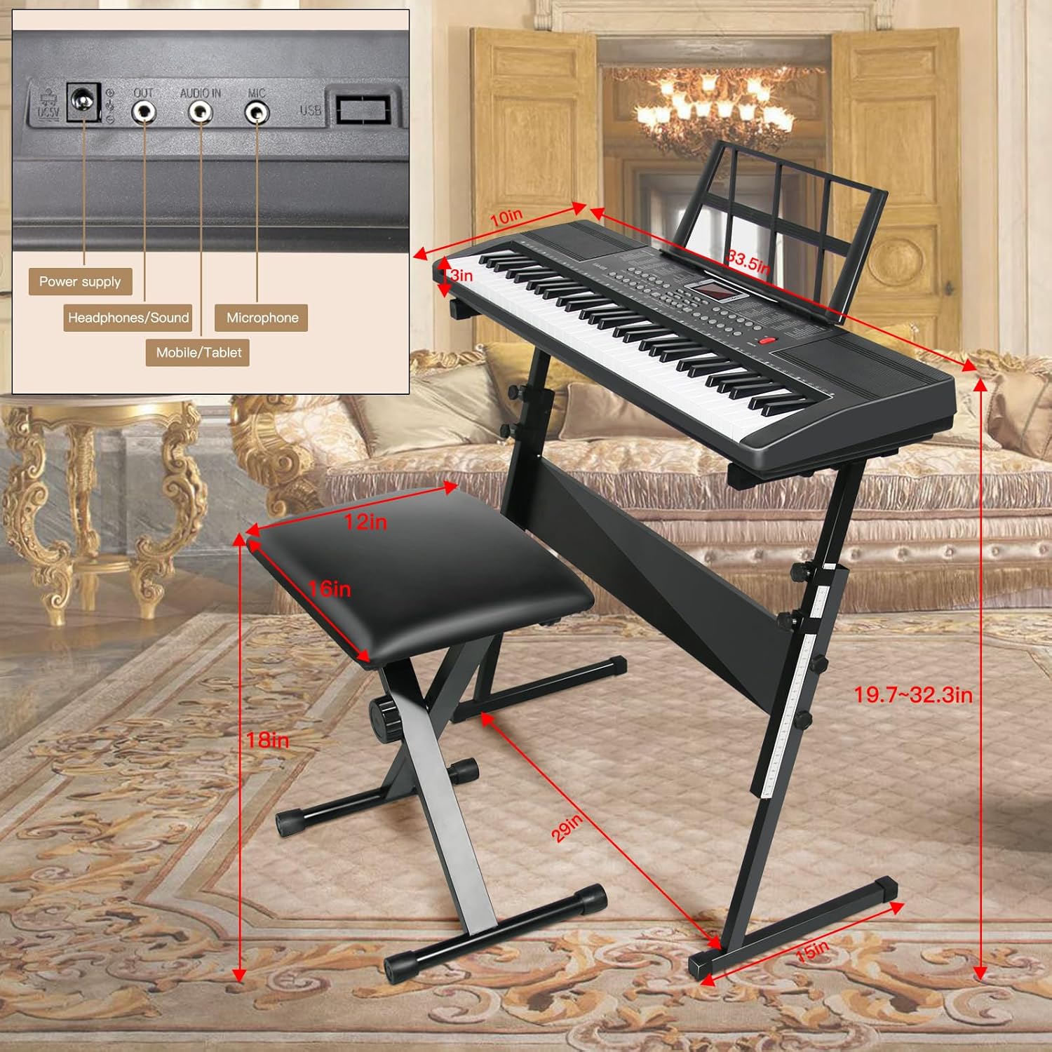 Keyboard Piano 61 Key Electric Piano Keyboard for Beginners/Professional, Full Size Light Up Music Keyboard Built-in Dual Speakers with LED Display, Stand, Music Stand, Microphone, Bench (Black A)
