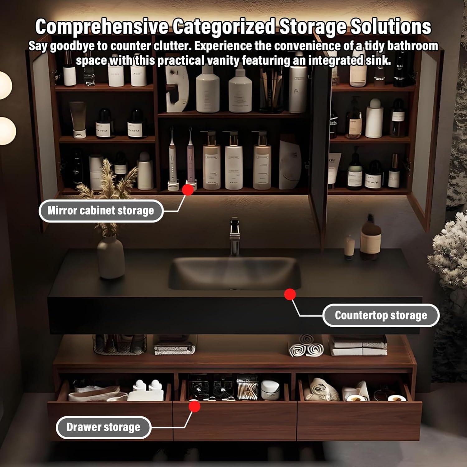 52IN Bathroom Vanity with Sink - Modern Solid Wood Floating Vanity Cabinet, Smart Defrost Mirror, No Hygiene Dead Corners, Silent Drawers, Stylish Bathroom Storage for Renovation,Brown