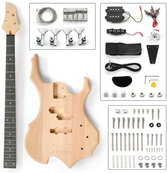 DIY Electric Bass Guitar Kit with Mahogany Body, Ebony Fingerboard and Maple Neck, All Components Included to Build Your Own Electric Guitar