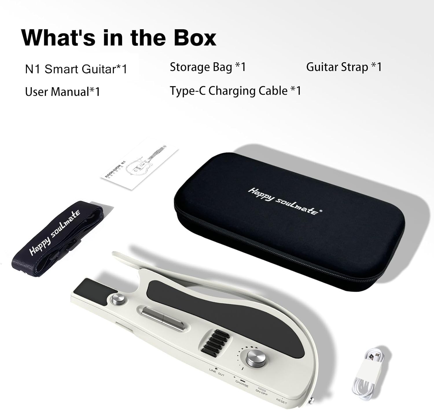 Smart Guitar, Stringless Guitar, Portable and Foldable with App Control, Chord Generator, Built-in Drum Machine & Speakers, 100 Tones, for Beginners & Bands, White