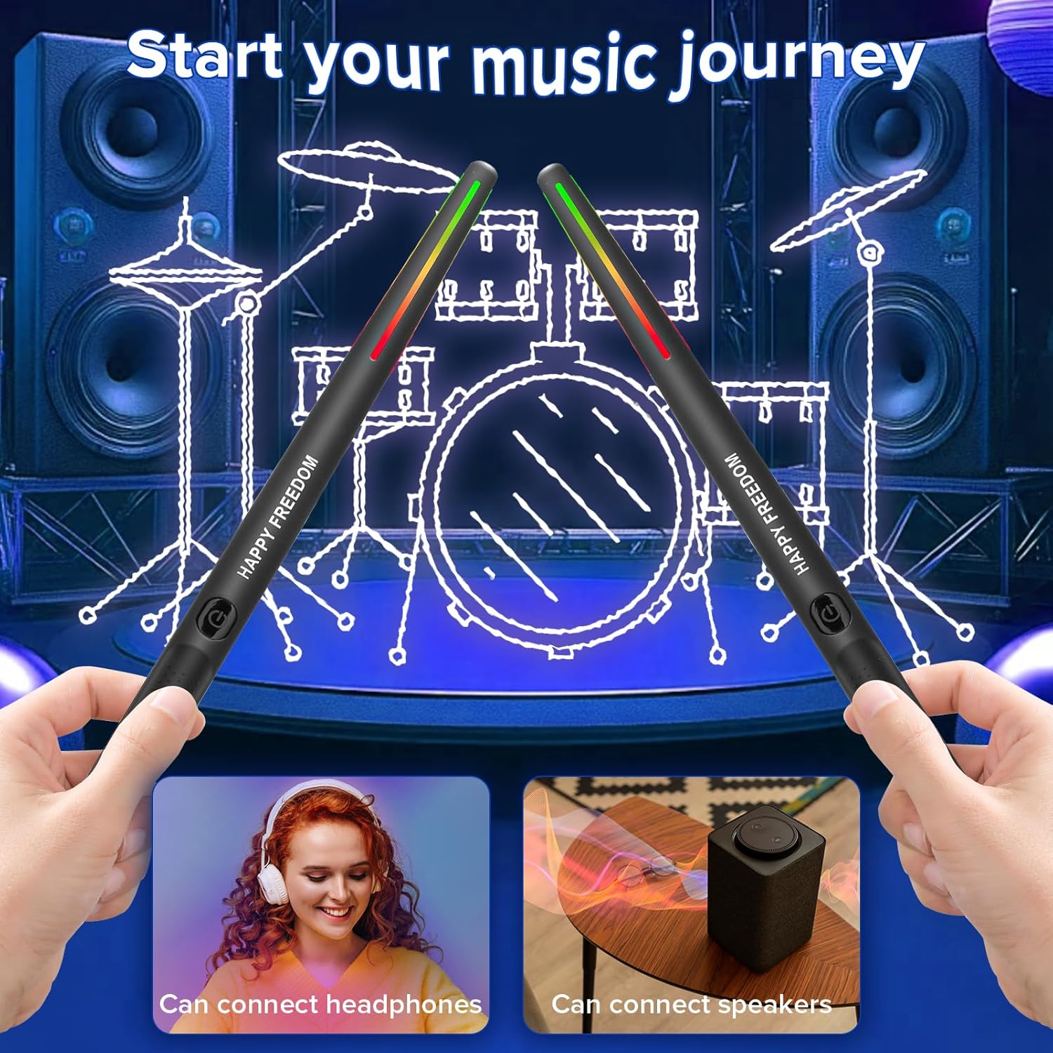 Air Drumsticks, Portable Practice Drum Kit Electric Drum Set with 8 Sounds, 3D Motion Sensing RGB for Home & Party Adults, Kids, Christmas Gifts