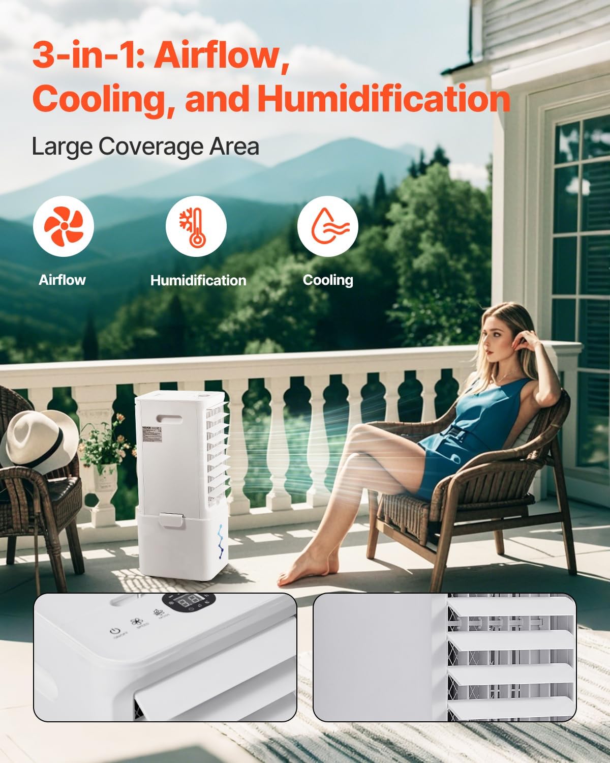 VEVOR Portable Air Conditioner, 9L 550 CFM Swamp Cooler Air Conditioner with 12H Timer & Remote Control, 3-Speed Evaporative Air Cooler with 2 Ice Boxes, Quiet & Movable, Ideal for Outdoor Indoor Use