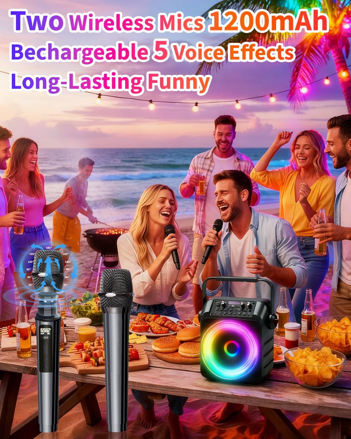 Karaoke Machine, Portable Karaoke System with 2 Wireless Rechargeable Microphones, 60W PA Speaker 6.5
