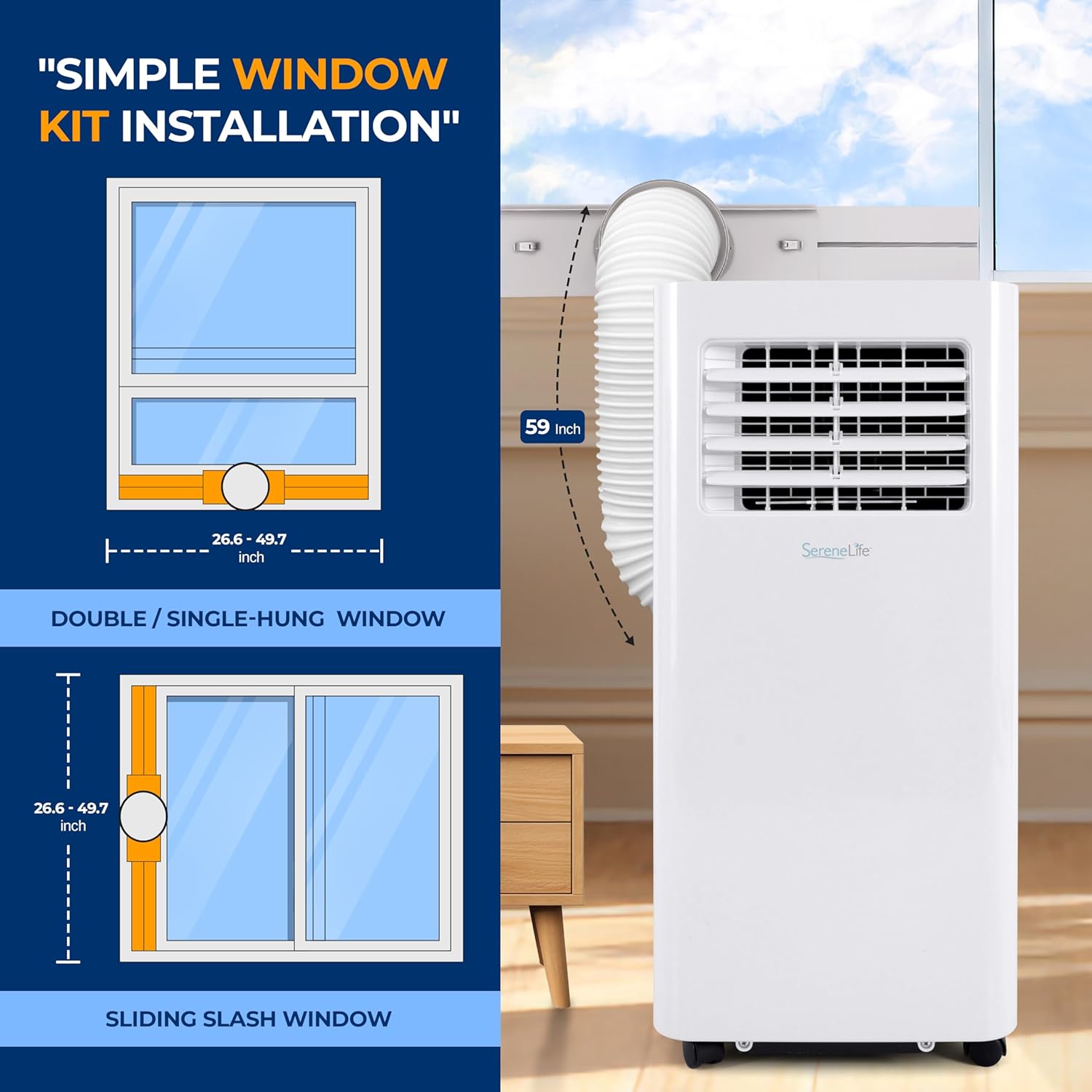 SereneLife Small Air Conditioner Portable 10,000 BTU with Built-in Dehumidifier - Portable AC unit for rooms up to 450 sq ft - WiFi app + Remote Control, Window Mount Exhaust Kit