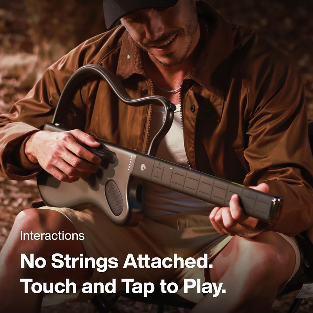 LAVA GENIE Stringless Guitar with Travel Case Black Bundle with Rok-It Tripod Guitar Stand, Goby Labs Microphone Sanitizer