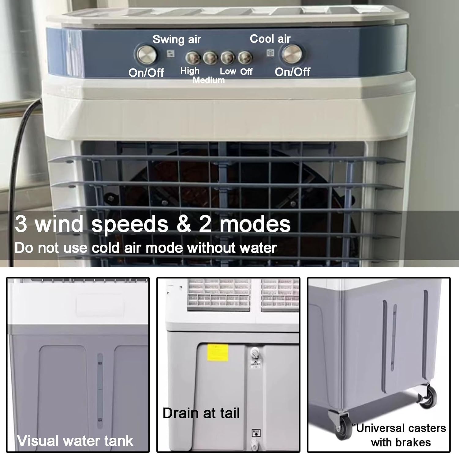 Evaporative Air Cooler, 3 in 1 Swamp Cooler with 4 Ice Crystal Box, Air Conditioner Portable with 3 Speeds, 2 Modes, Knobs for Outdoor, Office, Home(85cm/33in)