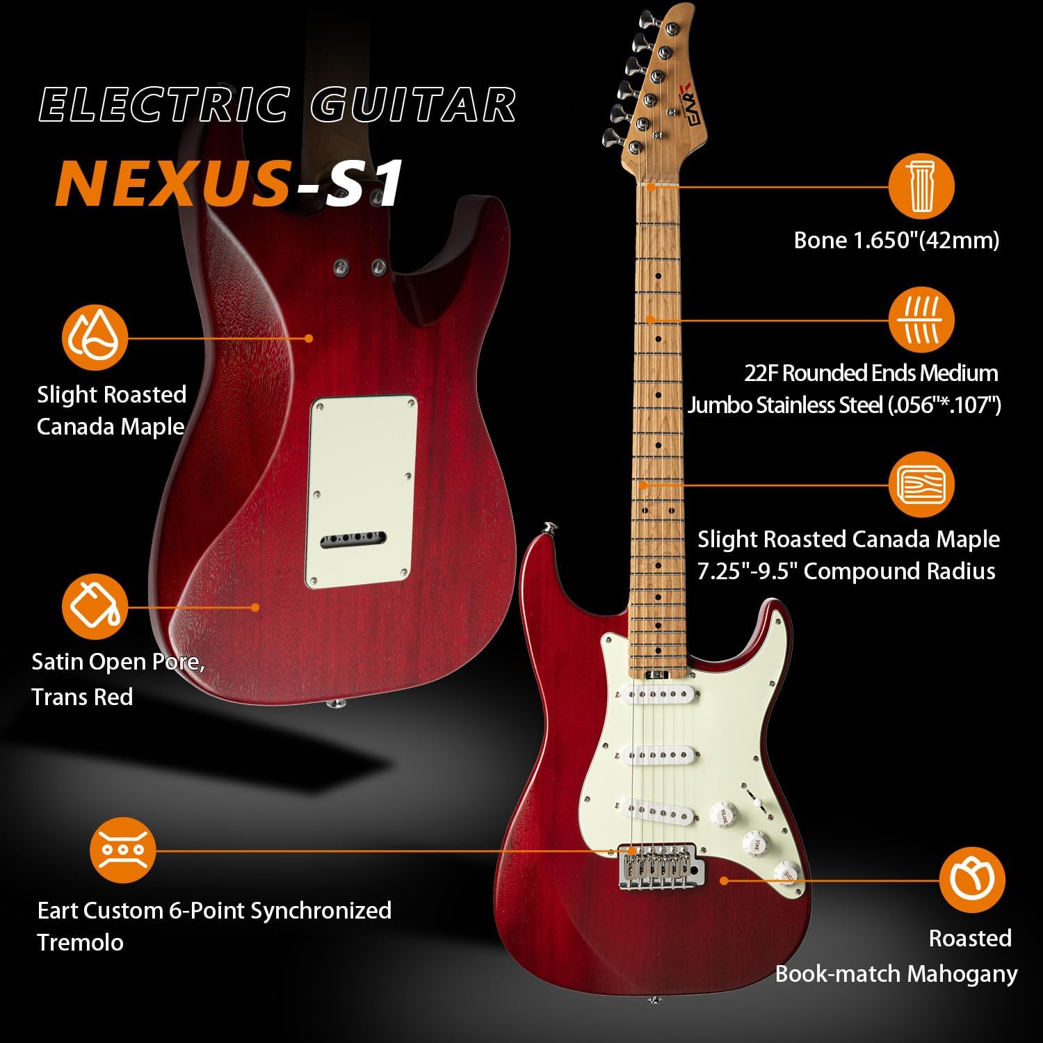 EART Nexus-S1 Electric Guitar with Roasted Mahogany Body, Maple Neck & Tremolo Bridge for Versatile Playability