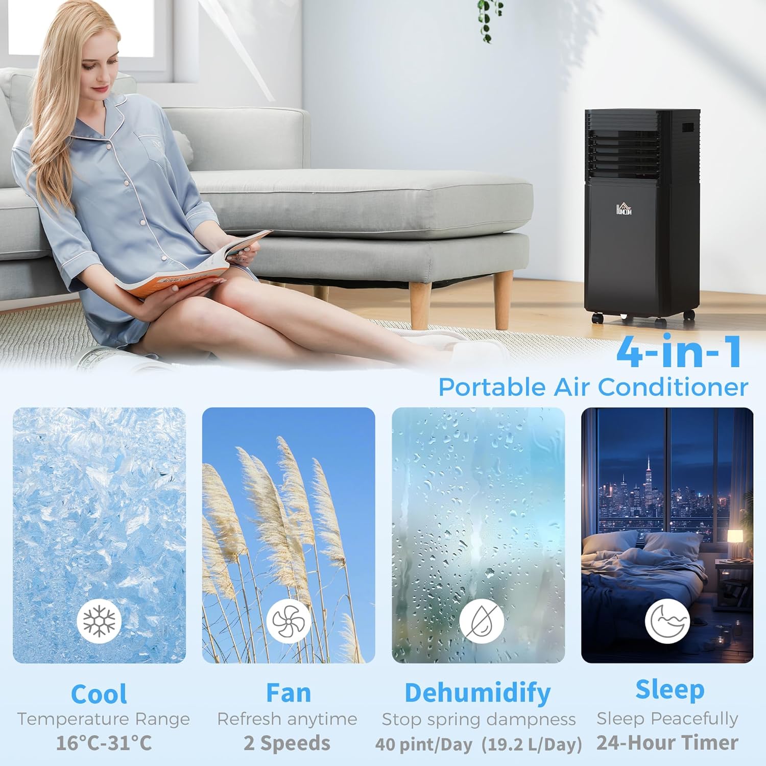 HOMCOM 10000 BTU Portable Air Conditioner for Rooms up to 441 Sq.Ft., 3-in-1 Mobile AC Unit with Dehumidifier, Cooling Fan, Sleep, Remote, 24H Timer, Auto Off, Window Installation Kit, Black