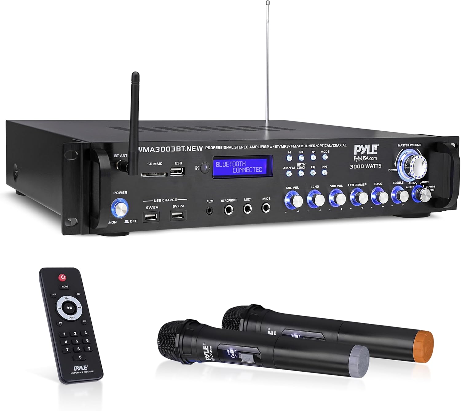 Pyle Bluetooth Home Audio Power Amplifier -4 Ch. 3000W, Stereo Receiver w/Speaker Selector, FM Radio, USB, Headphone, 2 Wireless Mics for Karaoke, Great for Home Entertainment System - PWMA3003BT.NEW
