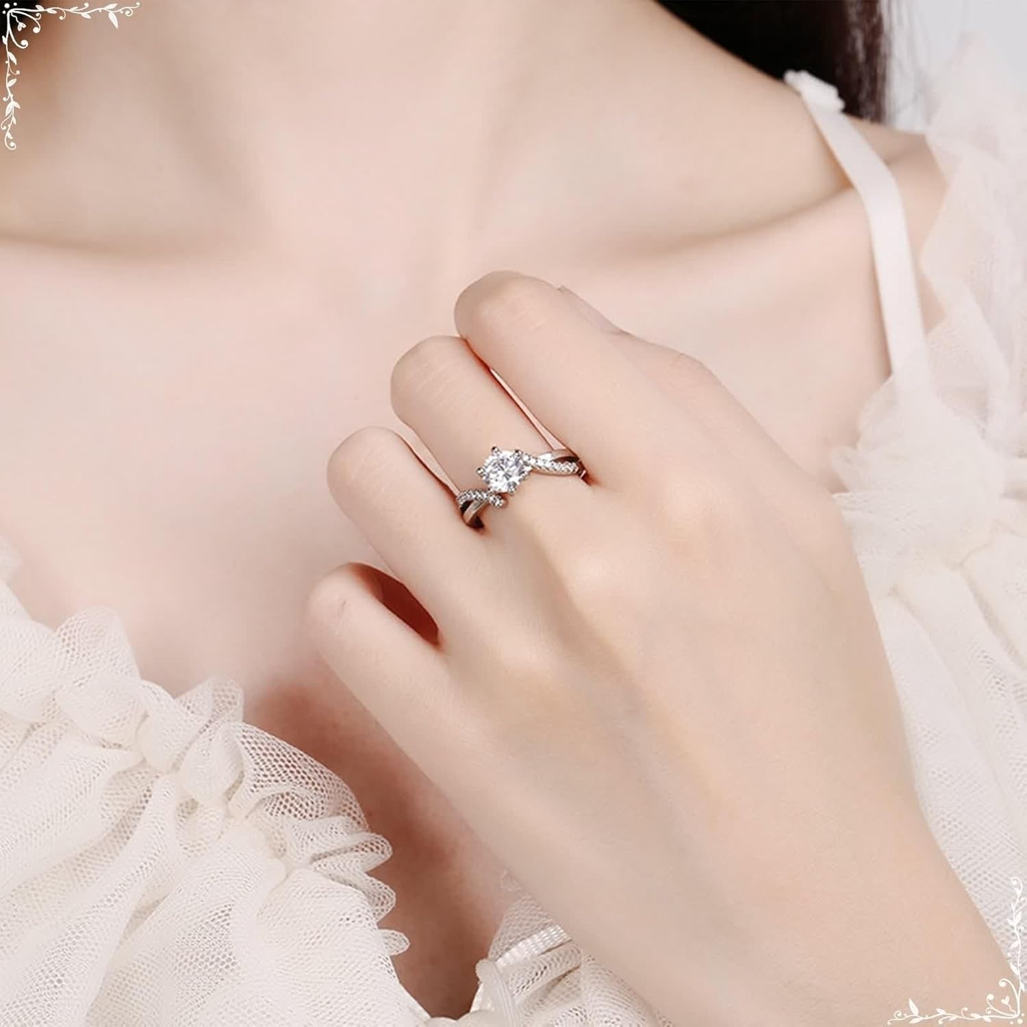 18K White Gold Ring Wedding Band, Woman Rings Moissanite 6 Claws Silver Jewelry for Engagement