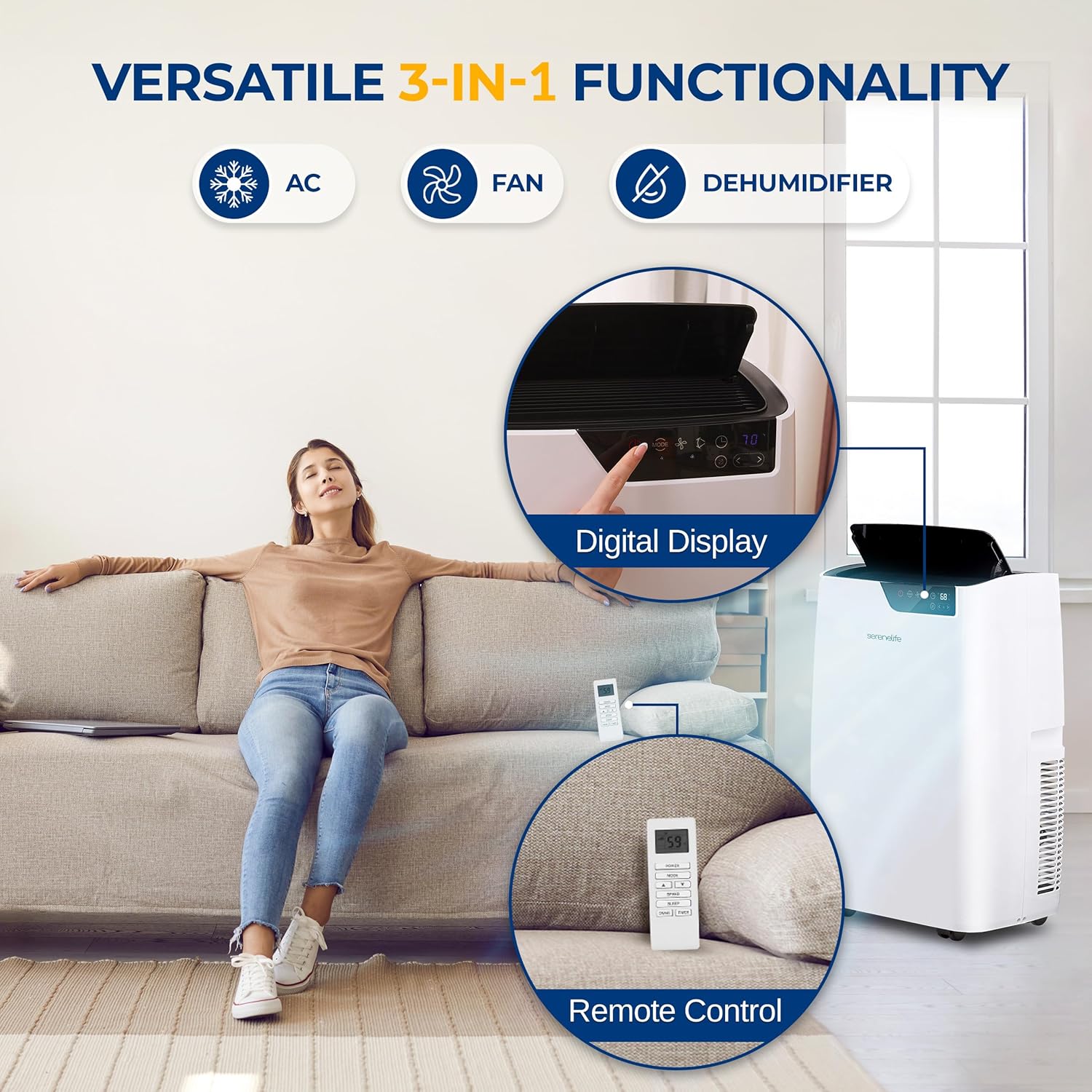 SereneLife 14000 BTU Portable Air Conditioner 4-in-1 with Heating - Compact Standing Air Conditioner for Room Up to 400 Sq. Ft. Floor AC Unit with Remote Control - Universal Casters, Window Mount Kit