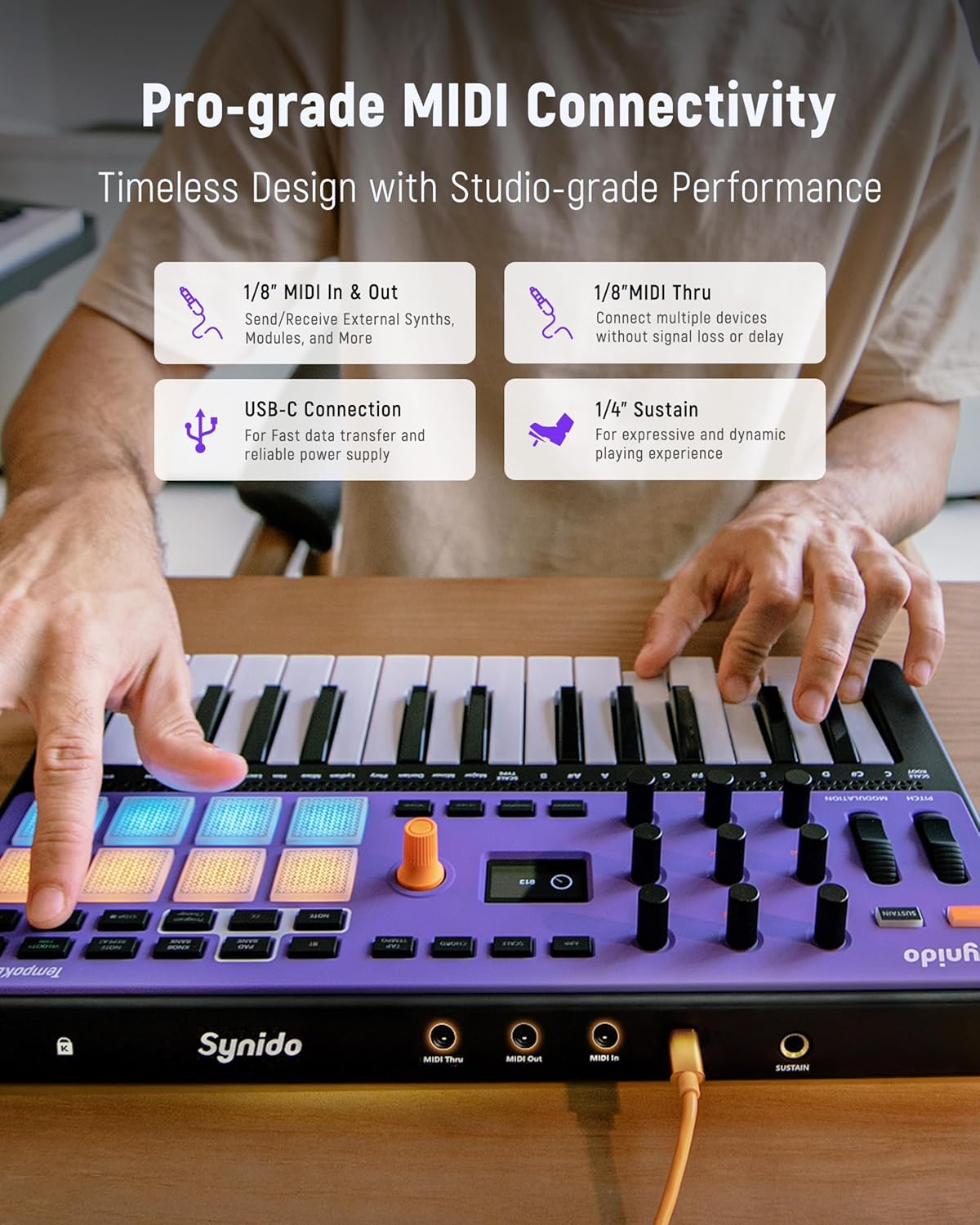 Synido Wireless USB C MIDI Controller Keyboard 25 Keys Rechargeable with 8 Velocity RGB Pads and Live Solo USB C Audio Interface for Recording Music, Streaming, Podcasting