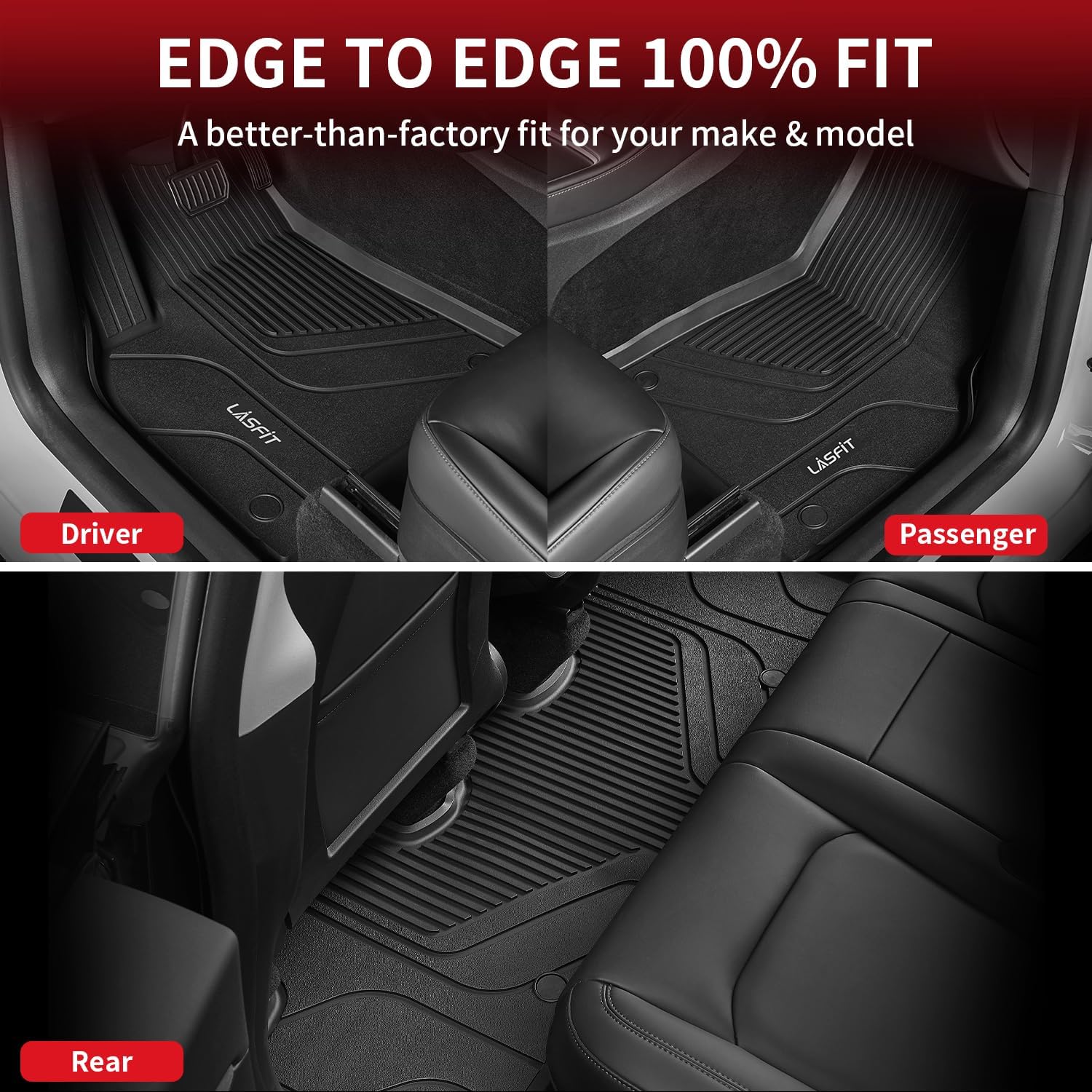 LASFIT 6PC Premium Extra Thick Floor Mats for Tesla Model Y 2025 2024 2023-2020 5 Seater | Custom Fit TPE All Weather | Model Y Accessories 1st & 2nd Row & Cargo Trunk Mats Full Set, Black