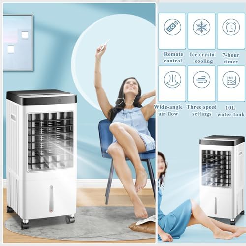 Portable Air Conditioner, 10L Evaporative Cooler with Remote Control, Adjustable Wind Speeds - Perfect for Bedrooms, Living Rooms & Outdoor Use, Energy-Efficient White Design