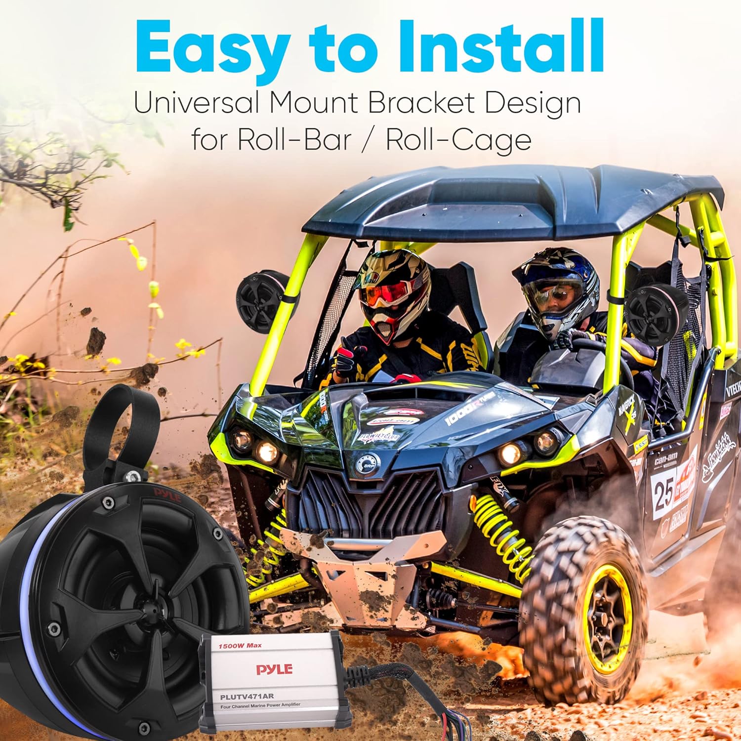 PyleUsa Waterproof Off-Road Speakers with Amplifier 4 Inch 800W 4-Channel Marine Grade Wakeboard Tower System w/ RGB Lights,Remote, Full Range Outdoor Audio Stereo Speaker for ATV,UTV,Quad, Jeep, Boat