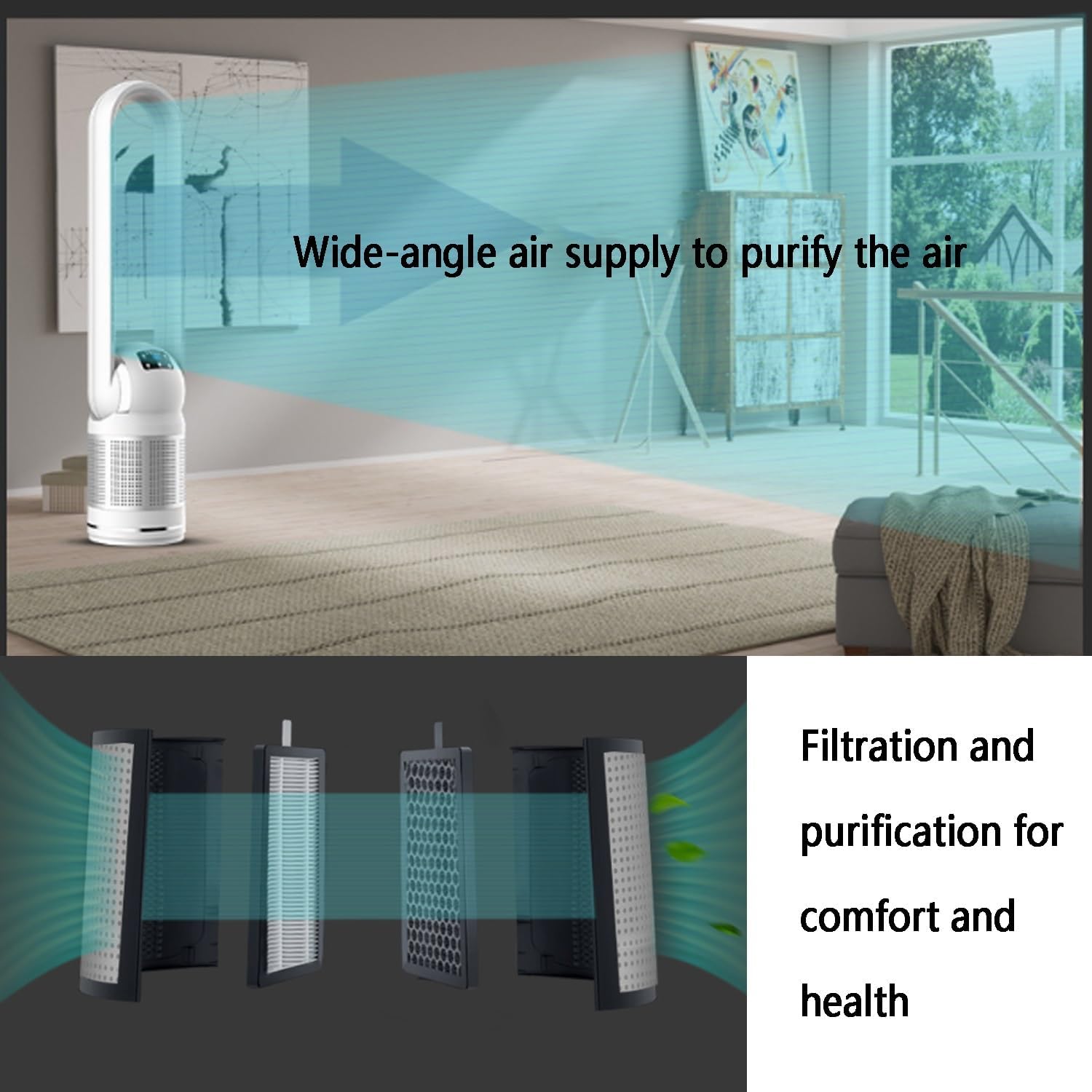 Air Circulation Fan/Bladeless Fan/Tower Fan/Floor Fan, Physical Cooling: 0.4-0.8 ℃, Oscillating Head Wide-Angle Wind, Remote Control, 8 Wind Speeds, Timing, Suitable for a Variety of Scenes(Gold)