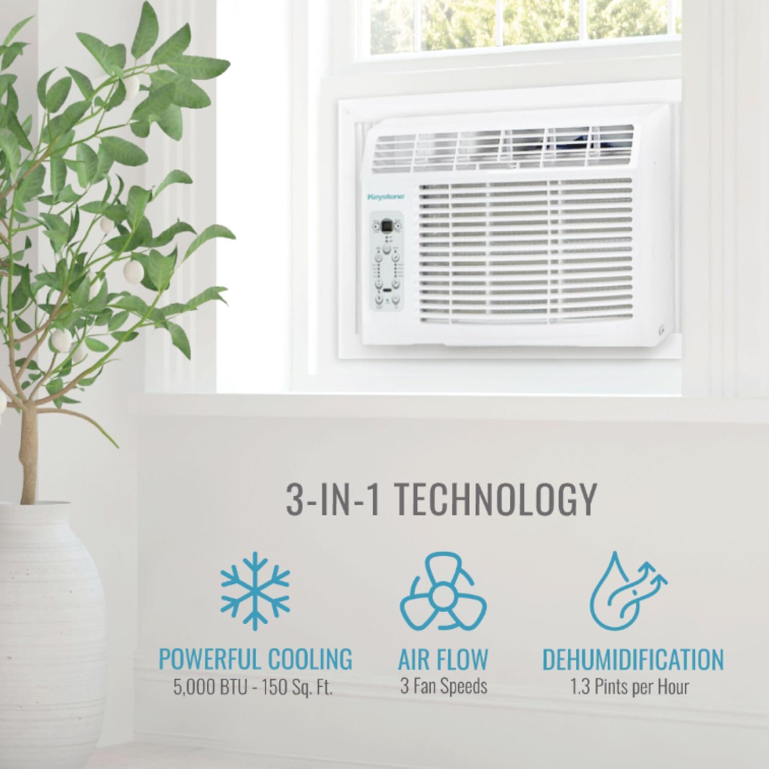 Keystone 5,000 BTU Window Air Conditioner and Dehumidifier, Window AC Units for Apartment, Living Room, Bathroom, and Small Rooms up to 150 Sq. Ft., Quiet Window Air Conditioners with Remote Control