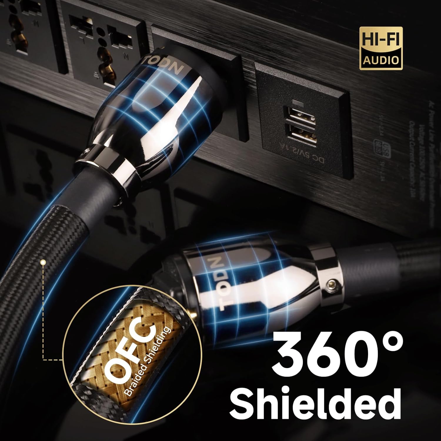 TODN HiFi Audio Power Cable for Audiophile with O-C-C Cores, 24K Gold Plated 3 Prong Power Cord Plug/IEC C15, Φ17.5mm, 3ft/1m
