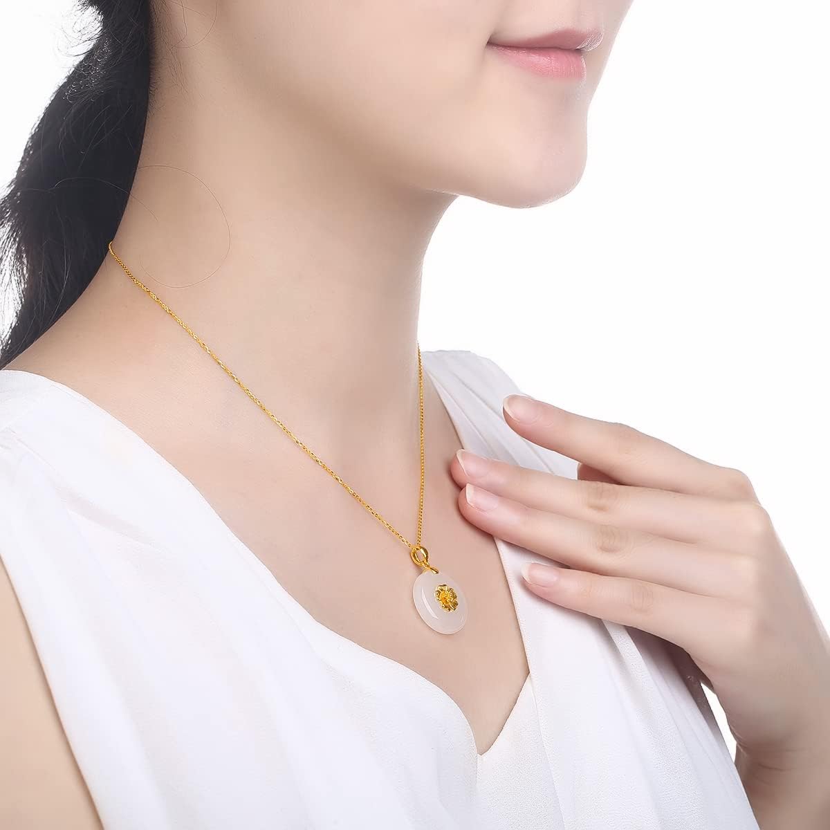 24K Solid Gold Pendant for Women, Real Pure Gold White Nephrite Jade Jewelry Accessory Round Pendant for Men Girlfriend (Not Include Necklace)