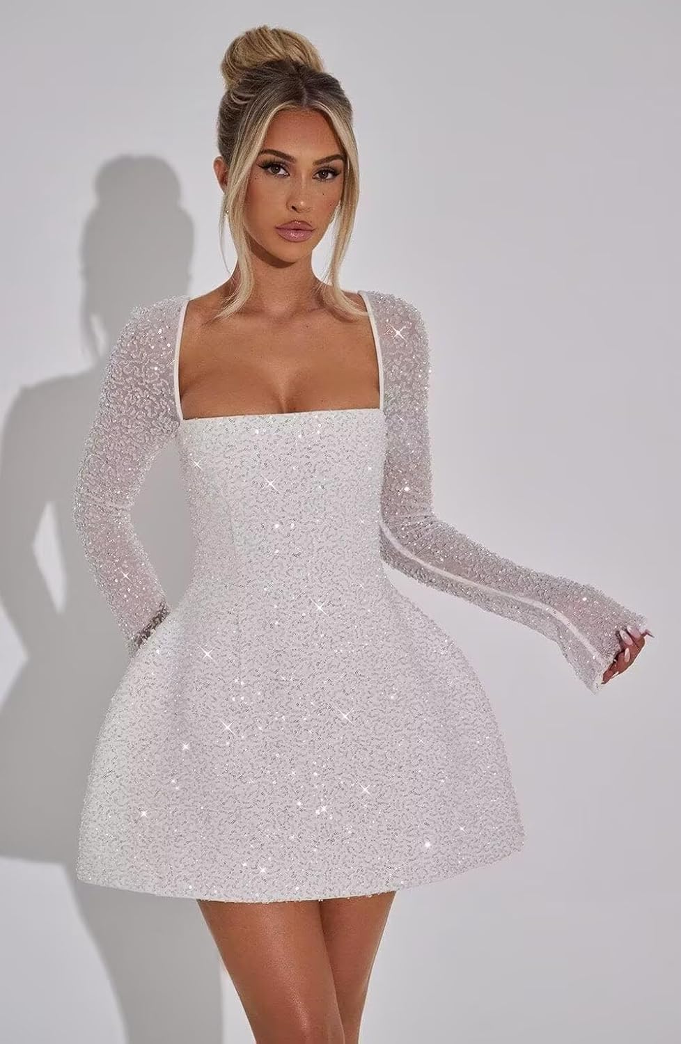 BOLENSYE Corset Sequin Prom Dresses Long Sleeve Sparkly Short Homecoming Dress with Bow Mini Cocktail Party Gown