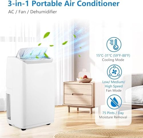 14000 BTUs Portable Air Conditioners, 3-in-1 Free Standing Cooling AC Unit with Fan & Dehumidifier, Cools Room up to 750 Sq.Ft., Smart/Sleep Mode, Remote Control & 24H Timer for Bedroom