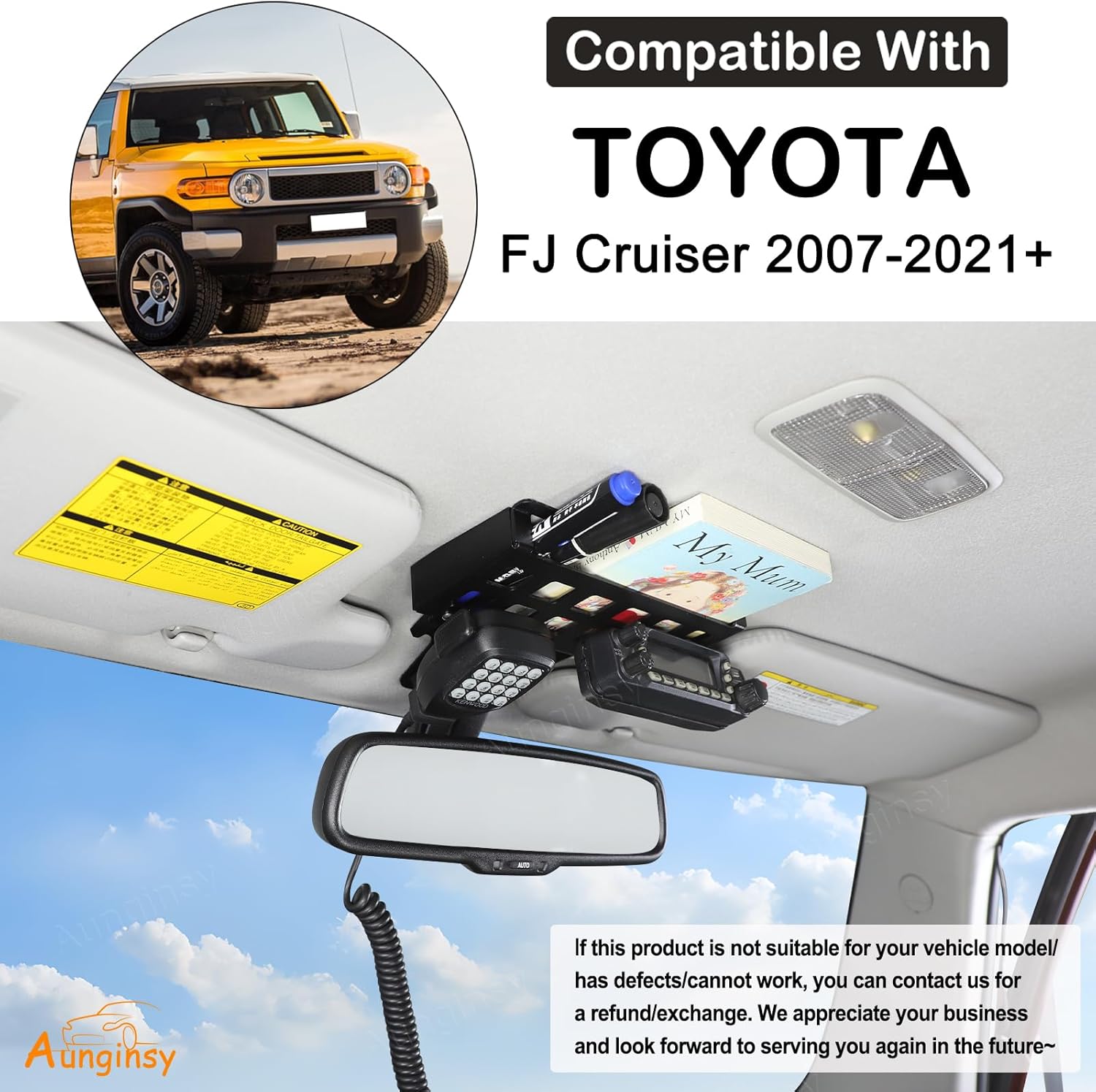 Aunginsy Inner Rearview Mirror Storage Rack Shelf Compatible with Toyota FJ Cruiser 2007-2021 Car Roof Rearview Mirror Multifunctional Storage Box Mount Frame Organizer Tray Expansion Accessories