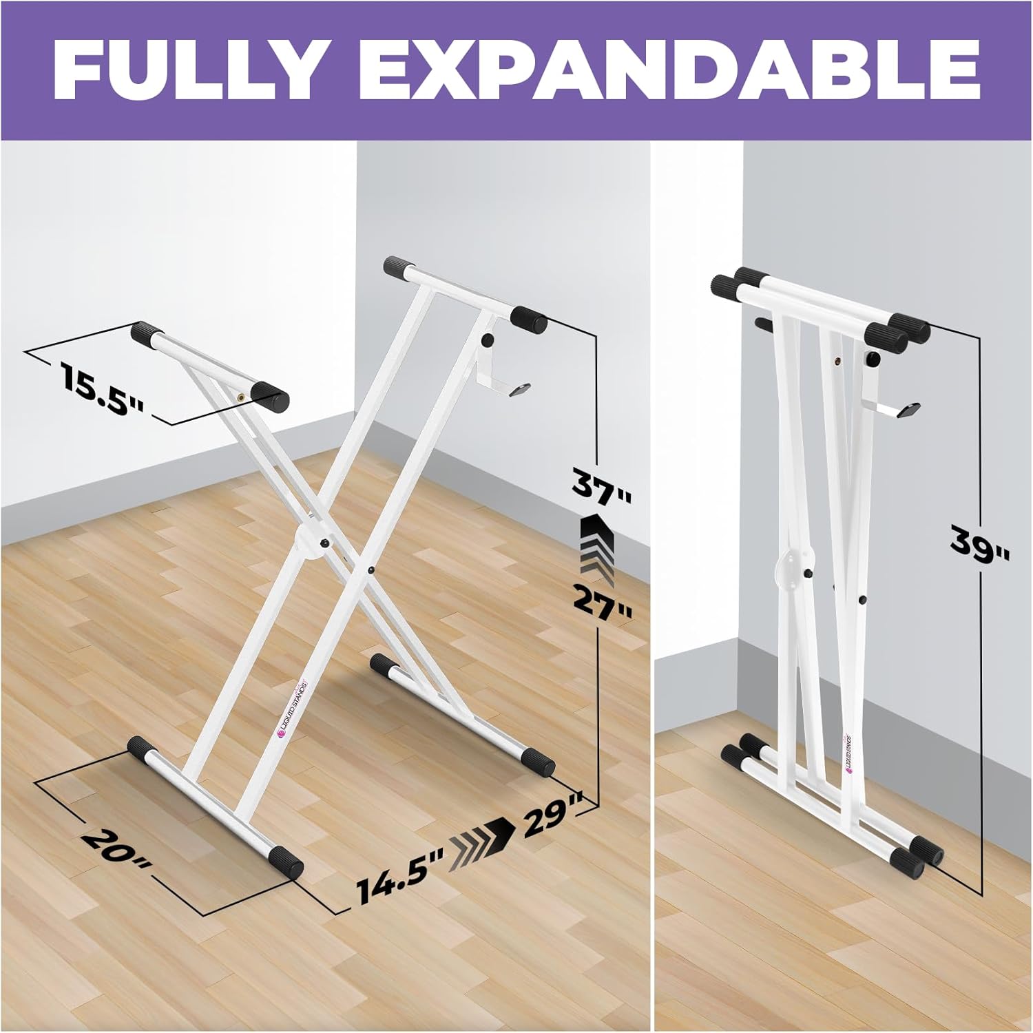 Liquid Stands Piano Keyboard Stand - X Style Adjustable and Portable Heavy Duty Music Stand for Kids and Adults - Fits 54 61 88 Key Electric Pianos - Double Braced Foldable Digital Piano Table Frame (White X-Style)